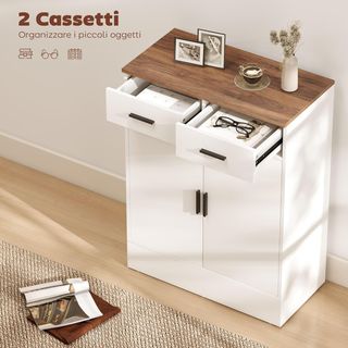 Credenza da Cucina con 2 Cassetti e Armadio a 2 Ante, Mobile Moderno con Ripiano Regolabile, Credenza Buffet per Soggiorno, Sala da Pranzo e Salone, 68.6X35X90.3 Cm, Bianco e Marrone