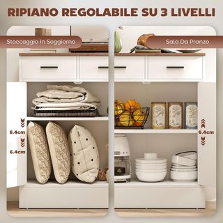 Credenza da Cucina con 2 Cassetti e Armadio a 2 Ante, Mobile Moderno con Ripiano Regolabile, Credenza Buffet per Soggiorno, Sala da Pranzo e Salone, 68.6X35X90.3 Cm, Bianco e Marrone