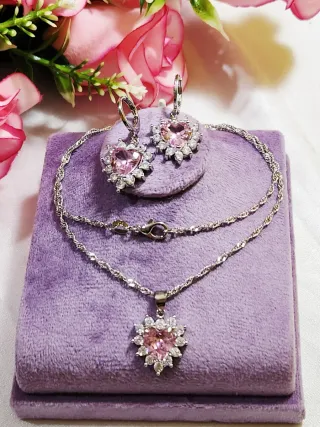 Conjunto Plata Corazón Rosa y Pendientes