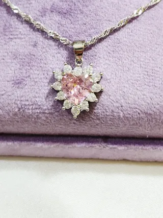 Conjunto Plata Corazón Rosa y Pendientes
