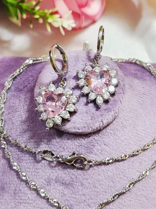 Conjunto Plata Corazón Rosa y Pendientes