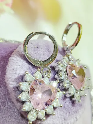 Conjunto Plata Corazón Rosa y Pendientes
