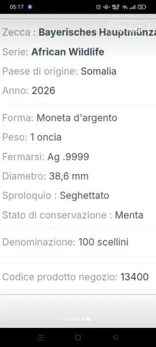 Moneta African Wildlife 1 oz Argento 2026 "Rara"