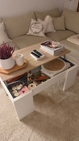 Mesa centro elevable madera y blanco