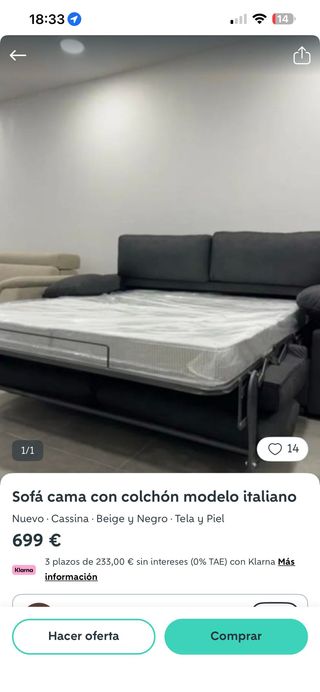Sofá cama Cassina italiano tela y piel