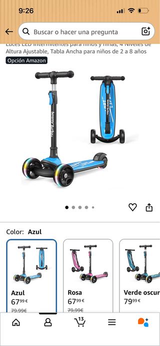 Patinete infantil 3 ruedas azul con luces led
