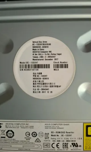 Lector Grabador CD DVD Blu-ray. Asus.