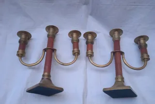Candelabri in ottone e legno di mogano anni 50