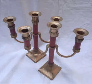 Candelabri in ottone e legno di mogano anni 50