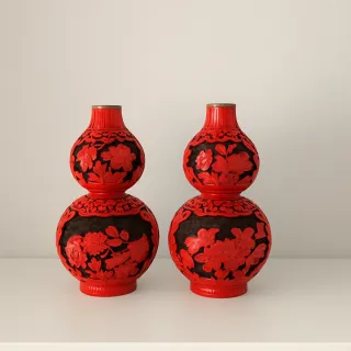 Pareja jarrones chinos cinabrio florales