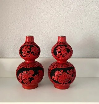 Pareja jarrones chinos cinabrio florales