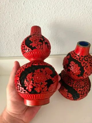 Pareja jarrones chinos cinabrio florales