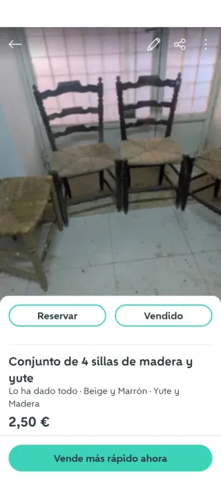 Conjunto 4 sillas madera y yute