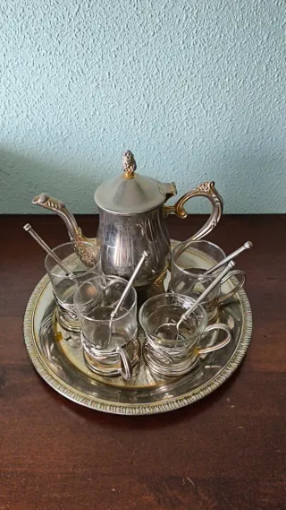 Juego té antiguo plateado con bandeja