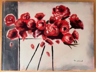 Cuadro óleo flores rojas sobre lienzo