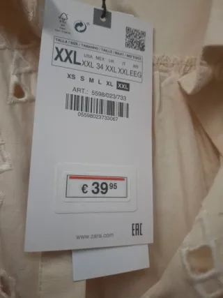 Blusa Zara XXL Beige Algodón Larga Bordada