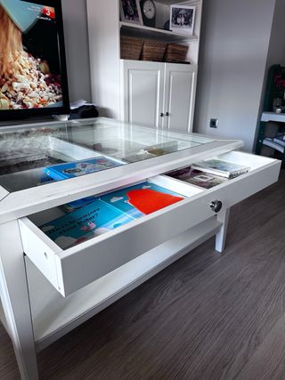 Mesa centro cristal y madera blanca