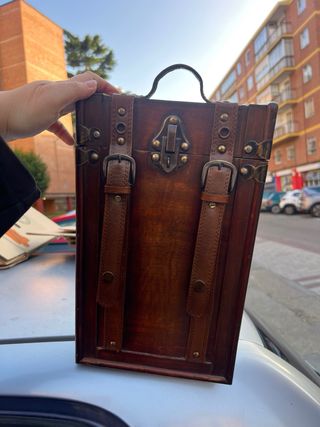 Caja botellero madera con cuero y metal