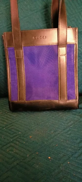 Borsa Gucci Vintage Pelle e Tessuto Blu Nero