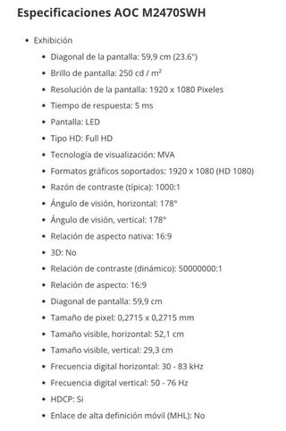 Pantalla AOC M2470SWH Negra