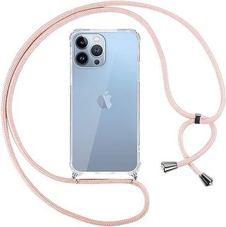 Pnakqil Custodia con Cordino per iPhone 13 Pro MAX 6.7" - Custodia Trasparente in TPU Morbida con Ciondolo in Oro Rosa