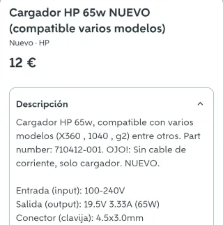 Cargador HP 65W nuevo (compatible varios modelos)