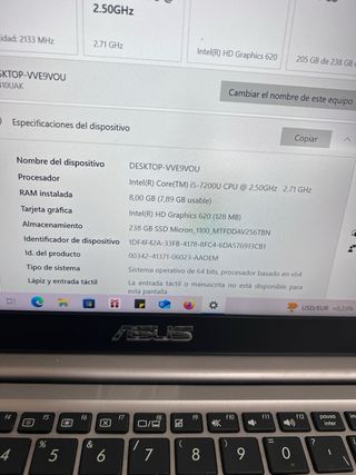 Portátil Asus i5 7ª Gen 8GB RAM Gris Plata