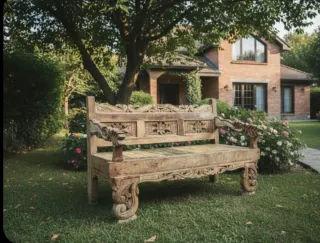 Banco colonial madera maciza tallada