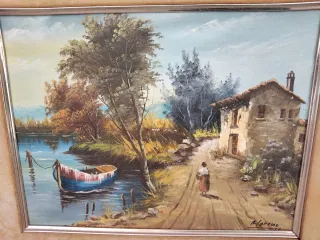 Cuadro Pintura óleo lienzo antiguo Paisaje rural