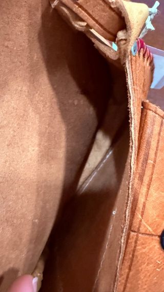 Bolso artesanal cuero marrón y rosa