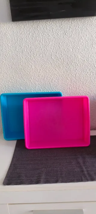 Bandejas de plástico azul y rosa