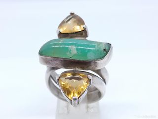 Anillo Plata Grande Piedras Verdes y Amarillas