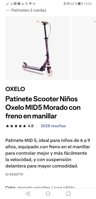 Patinete Oxelo Morado de 6 a 9 años.