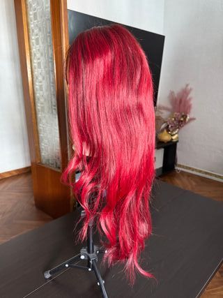 Peluca larga pelo humano hecha a mano de 30" roja