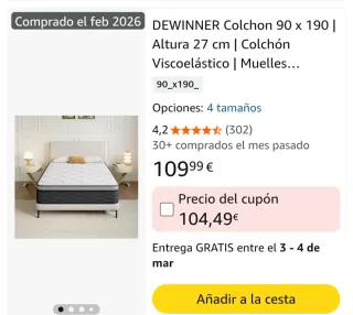 Colchón DEWINNER 90x190cm Altura 27cm