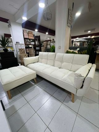 Sofá Cama Blanco Polipiel Nuevo + puff