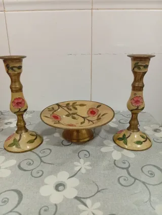 Juego Candelabros Bronce Esmaltado Flores