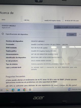 Portátil Acer 15 Intel Core i5 16GB RAM