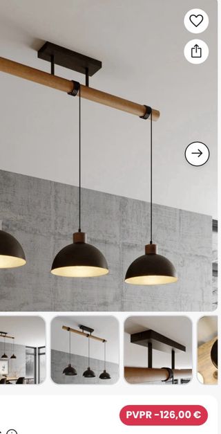 Lámpara 3 luces salón-comedor madera y metal