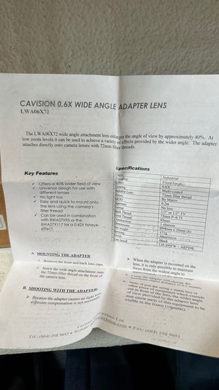 Lente Gran Angular Cavision LWA06x72