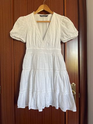 Vestido blanco Zara corto manga abullonada T.XS