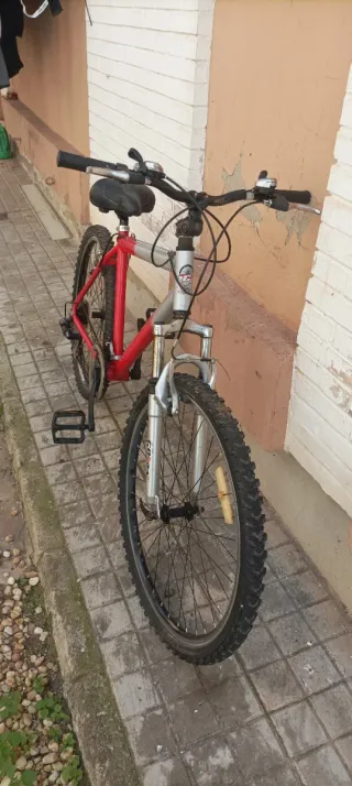 Bicicleta de montaña roja y plateada