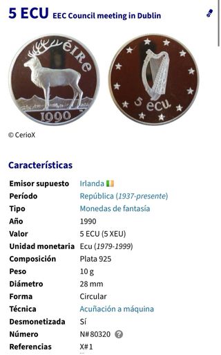 Moneda PLATA IRLANDA 5 Ecu 1990 Estuche  Ciervo