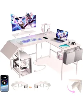 Escritorio Gaming L Blanco con led