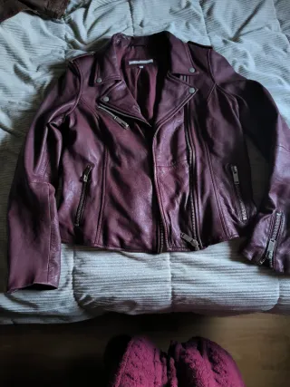 Cazadora Biker Piel Burdeos Talla L