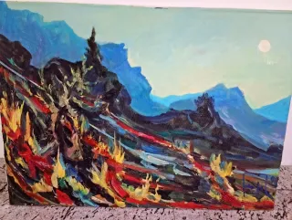 Dipinto paesaggio montano con luna