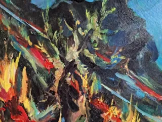 Dipinto paesaggio montano con luna