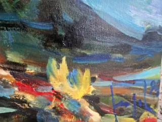 Dipinto paesaggio montano con luna