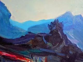 Dipinto paesaggio montano con luna