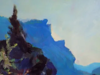 Dipinto paesaggio montano con luna